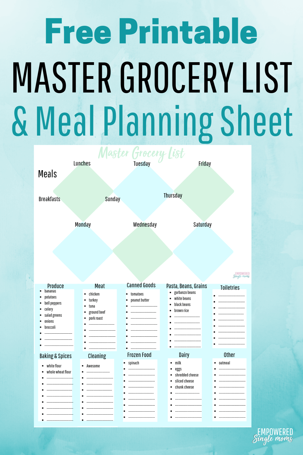 Learn how to plan healthy, cheap meals with this free printable master grocery list and meal planning sheet. Learn how to make a budget-friendly meal plan and grocery list. Save money and time with this awesome menu planning tool.